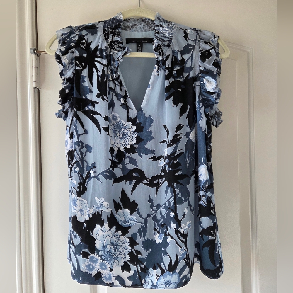 White House Black Market Floral Ruffle Blouse - Light Blue and Black